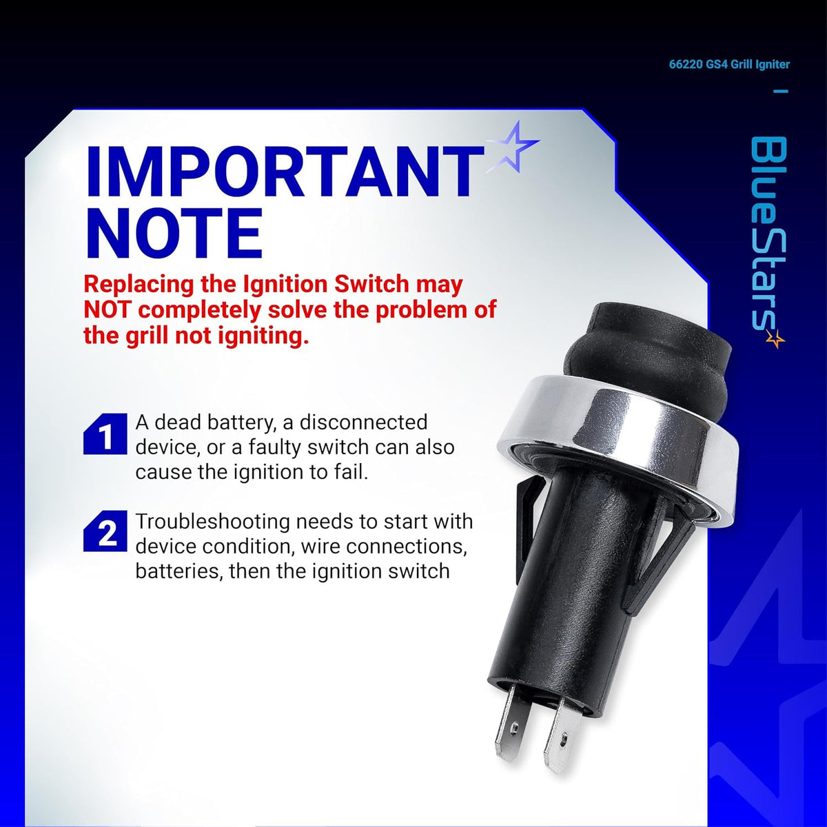 66220 Igniter Switch shown beside an important note about troubleshooting grill ignition problems