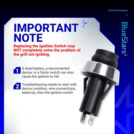 66220 Igniter Switch shown beside an important note about troubleshooting grill ignition problems