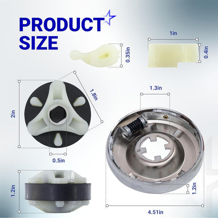 285785 Washer Clutch Assembly Kit, 285753A Motor Coupling and 80040 Agitator Dogs with product size dimensions