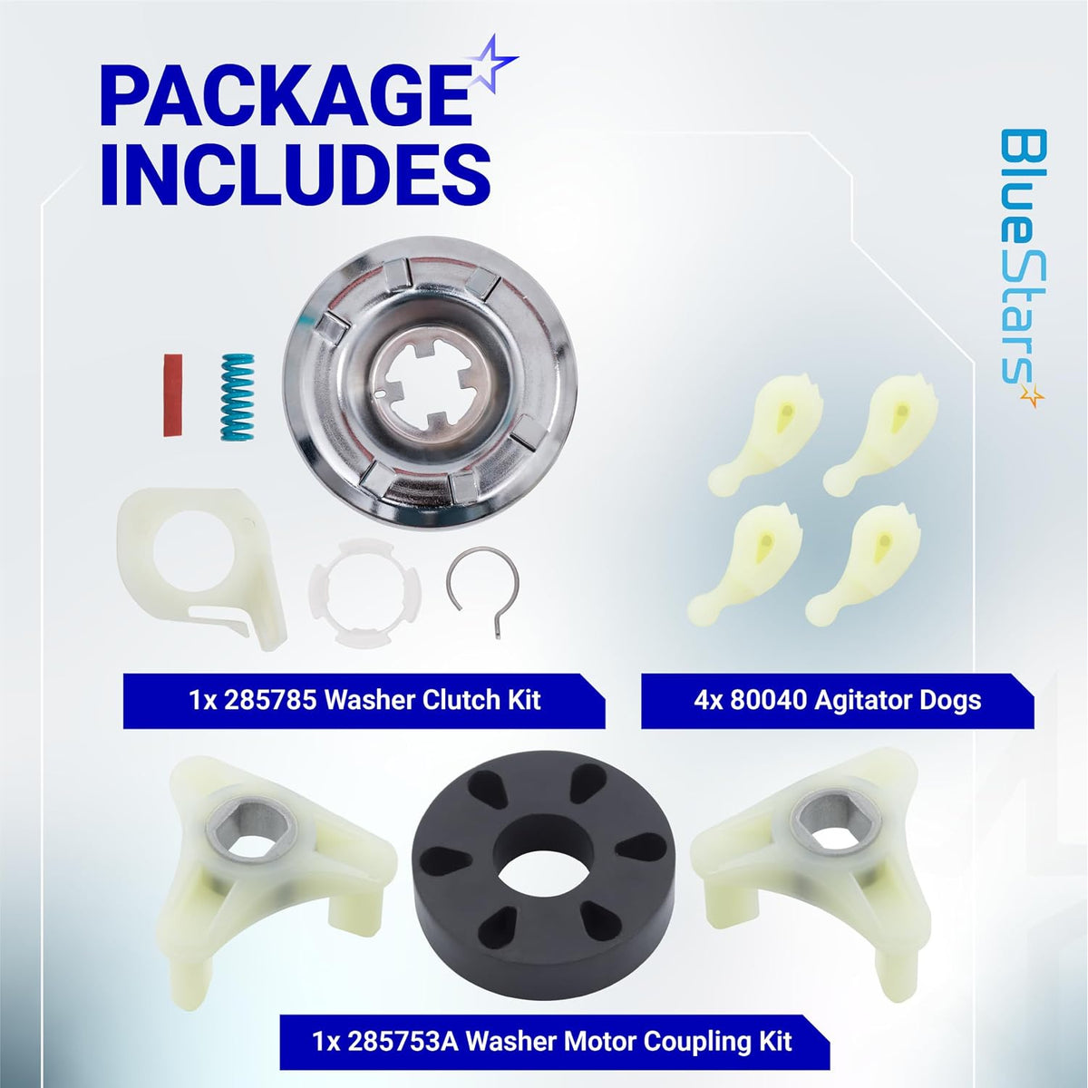 285785 Washer Clutch Assembly Kit package includes 285753A Motor Coupling Kit and 4x 80040 Agitator Dogs