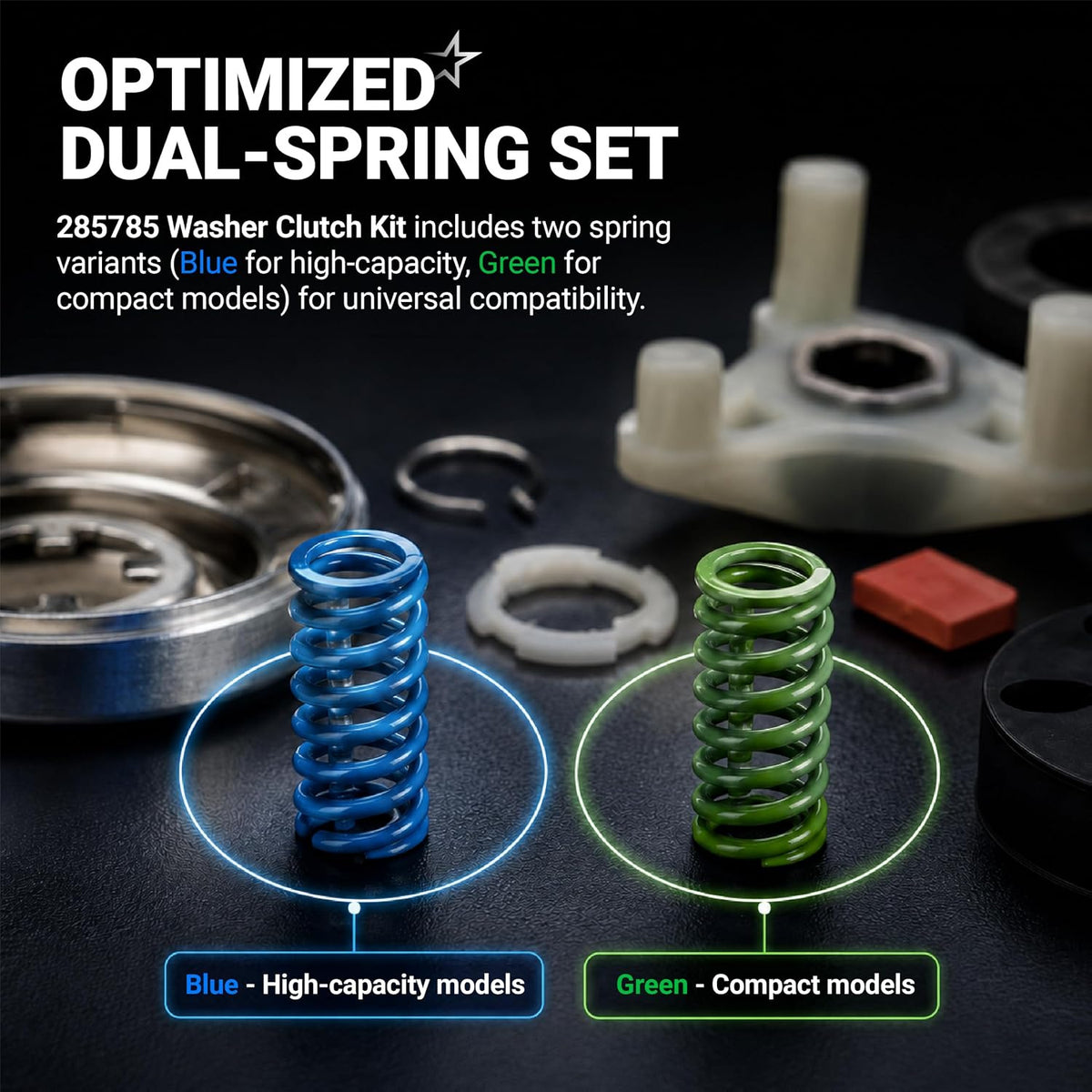 285785 Washer Clutch Kit, blue and green dual-spring variants shown for high-capacity and compact models