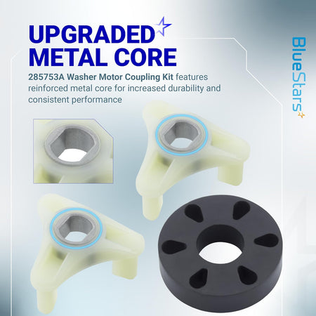 285753A Motor Coupling Kit with upgraded metal core, showing two white couplings and a black rubber connector