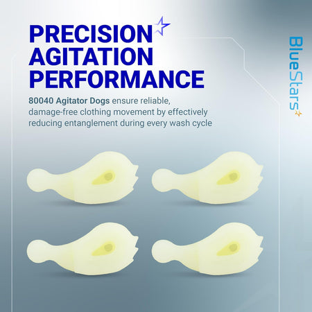 80040 Agitator Dogs, four replacement dogs shown with precision agitation performance text