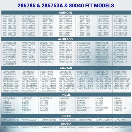 285785 Washer Clutch Assembly Kit, 285753A Motor Coupling & 80040 Agitator Dogs fit-model chart