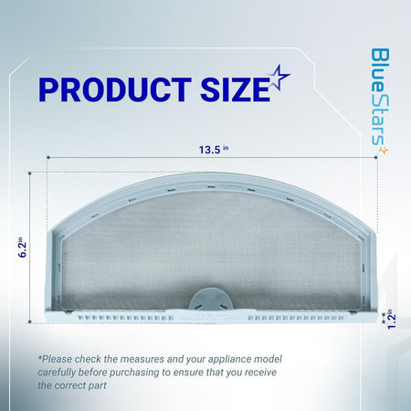 Dimensional diagram of WE03X23881 dryer lint filter showing 13.5-inch width, 6.2-inch height, and 1.2-inch depth.