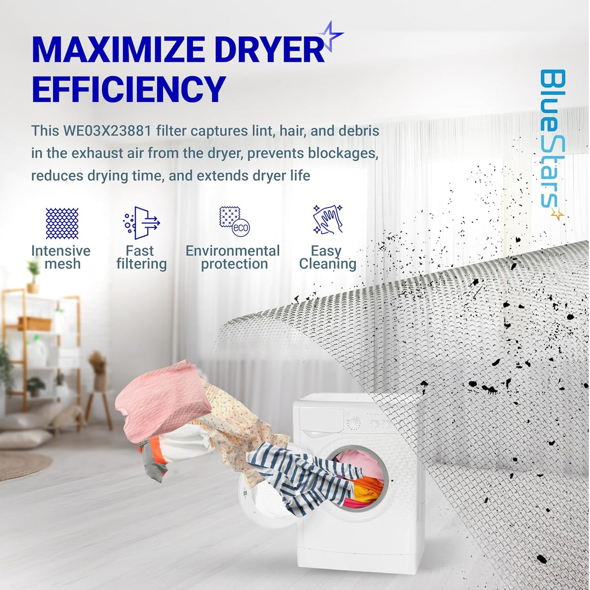 Infographic showing WE03X23881 dryer lint filter benefits, including intensive mesh, fast filtering, and easy cleaning.