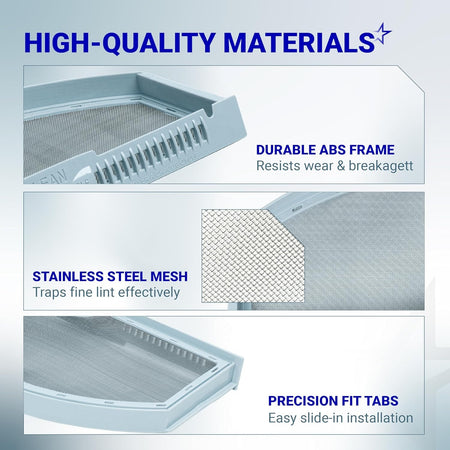 Infographic showing durable ABS frame, stainless steel mesh, and precision fit tabs of WE03X23881 dryer lint filter.