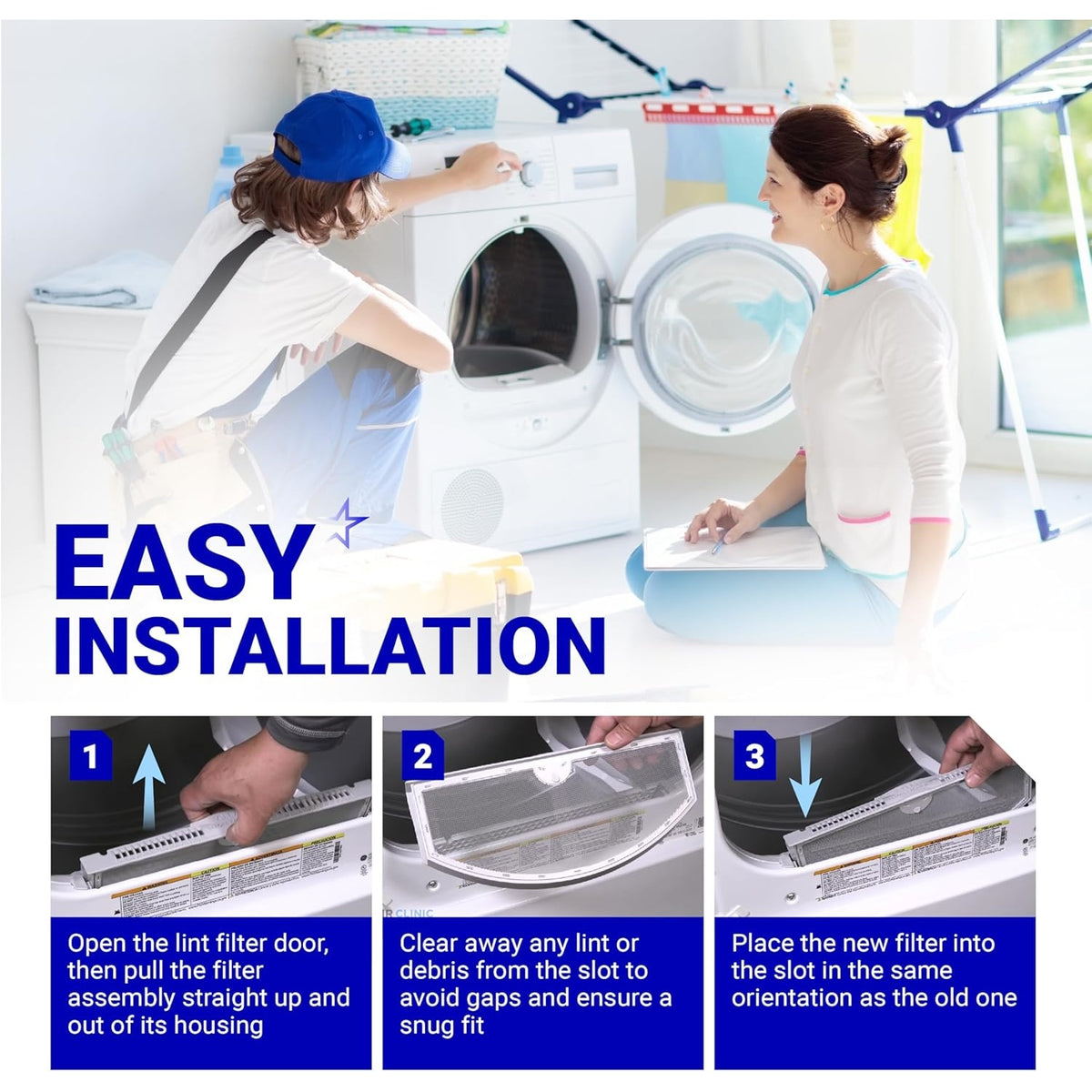 Three-step instructional guide showing how to install a WE03X23881 dryer lint filter replacement.