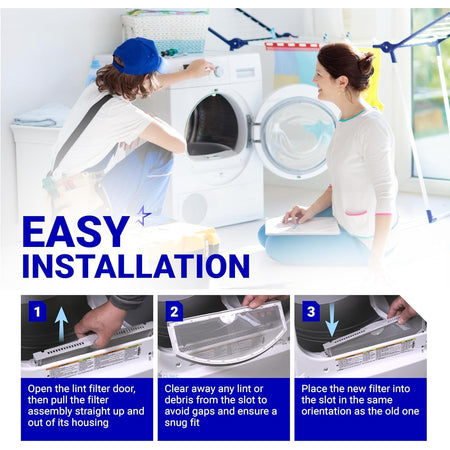 Three-step instructional guide showing how to install a WE03X23881 dryer lint filter replacement.
