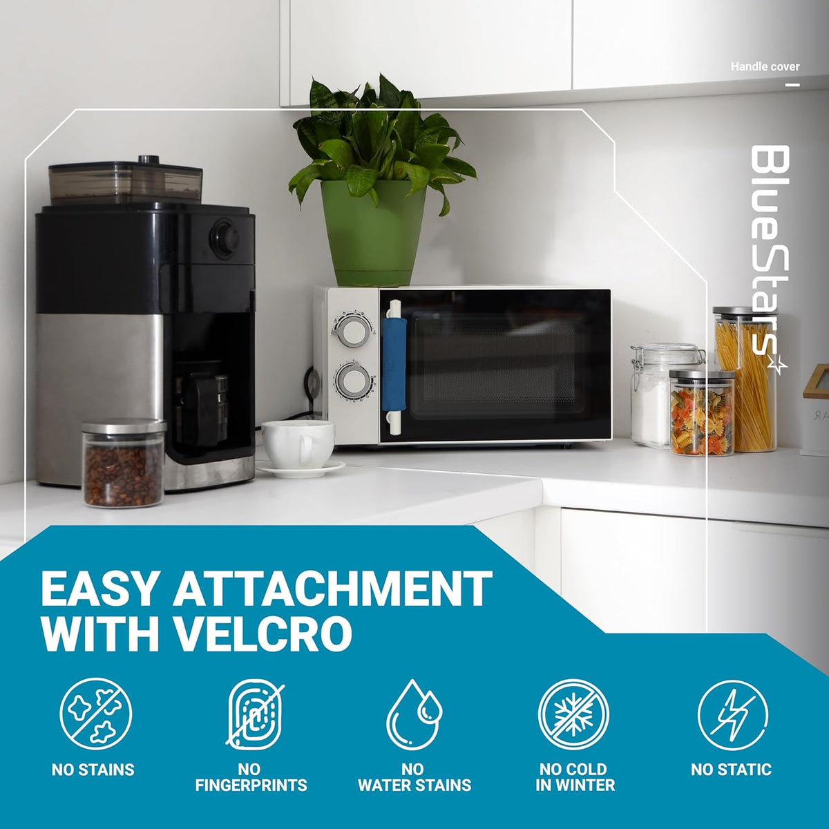 Blue microwave door handle cover installed on a microwave with infographic showing velcro attachment and stain resistance.