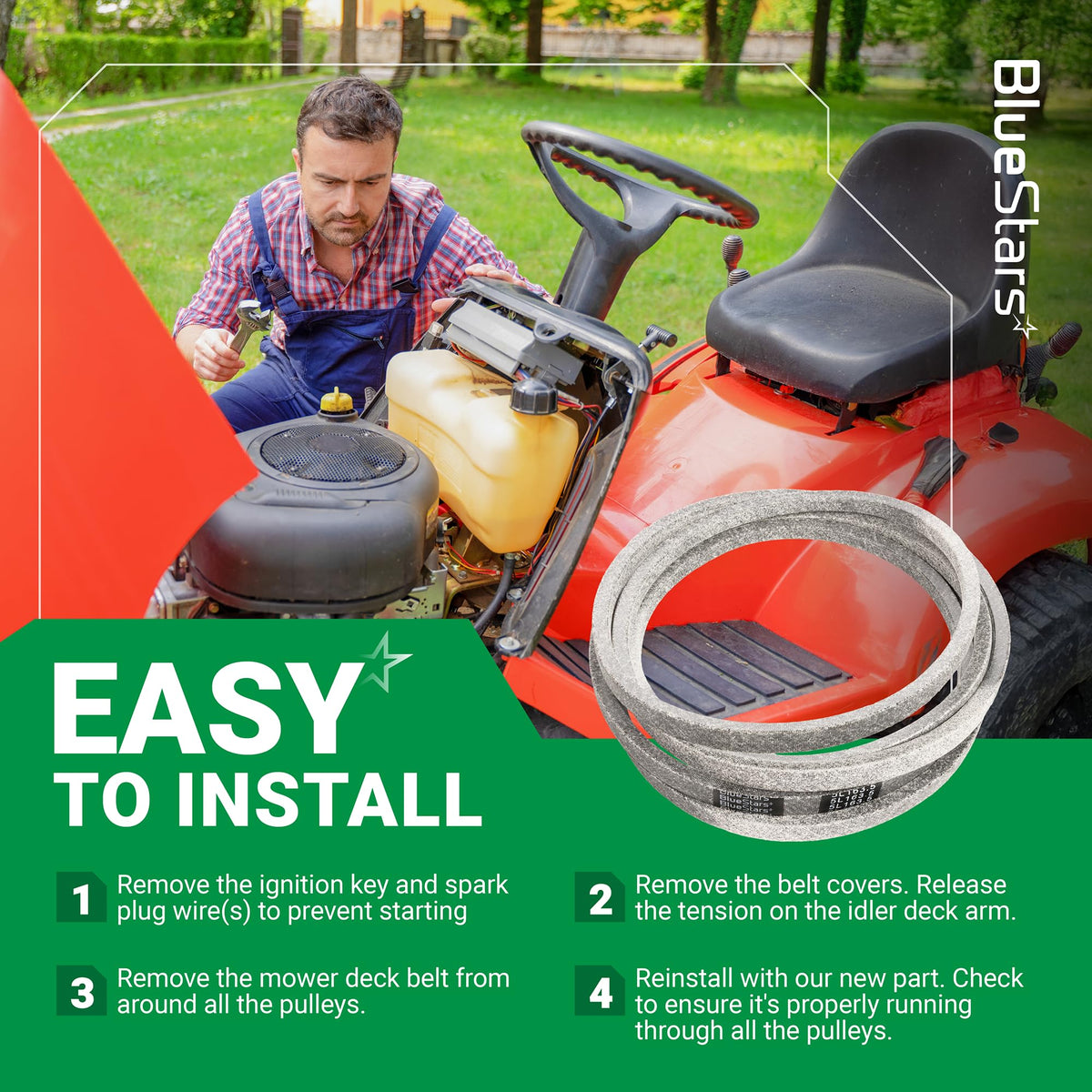 522795901 replacement deck belt for Husqvarna lawn mowers with an easy-to-follow installation guide graphic.