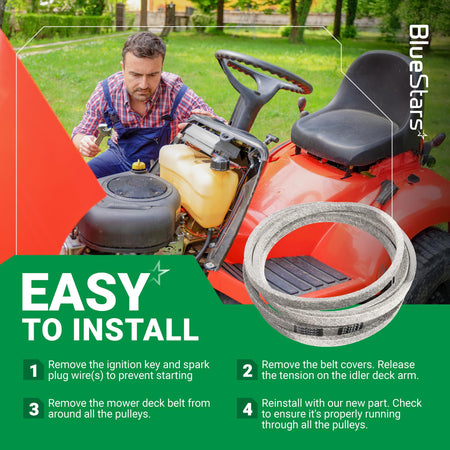 522795901 replacement deck belt for Husqvarna lawn mowers with an easy-to-follow installation guide graphic.