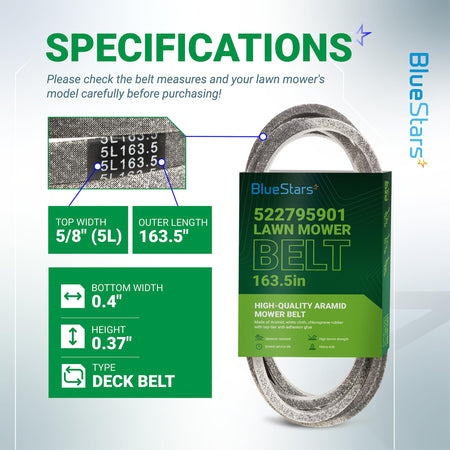 Specification chart for 522795901 lawn mower deck belt showing dimensions and product details.
