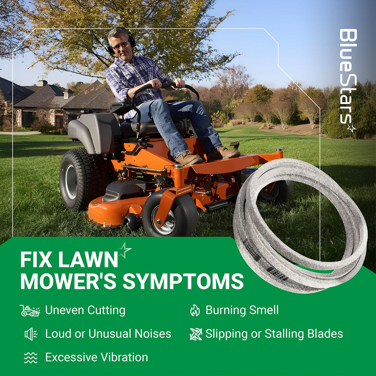 Replacement 522795901 deck belt for Husqvarna lawn mowers shown with a man operating a zero-turn mower.