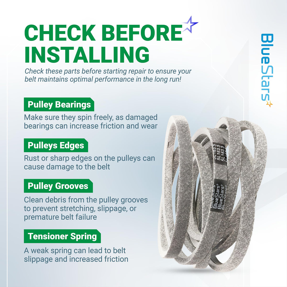 Instructional graphic for 522795901 lawn mower deck belt installation and maintenance tips.
