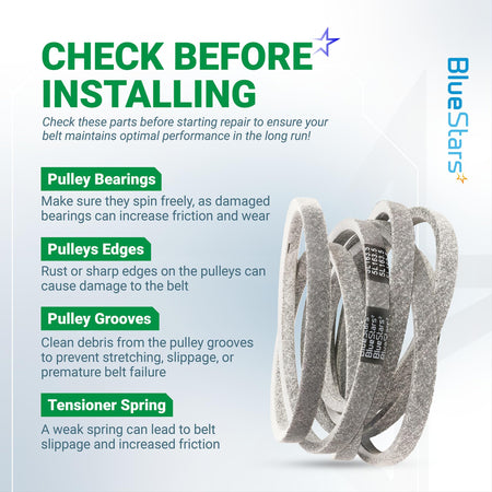 Instructional graphic for 522795901 lawn mower deck belt installation and maintenance tips.