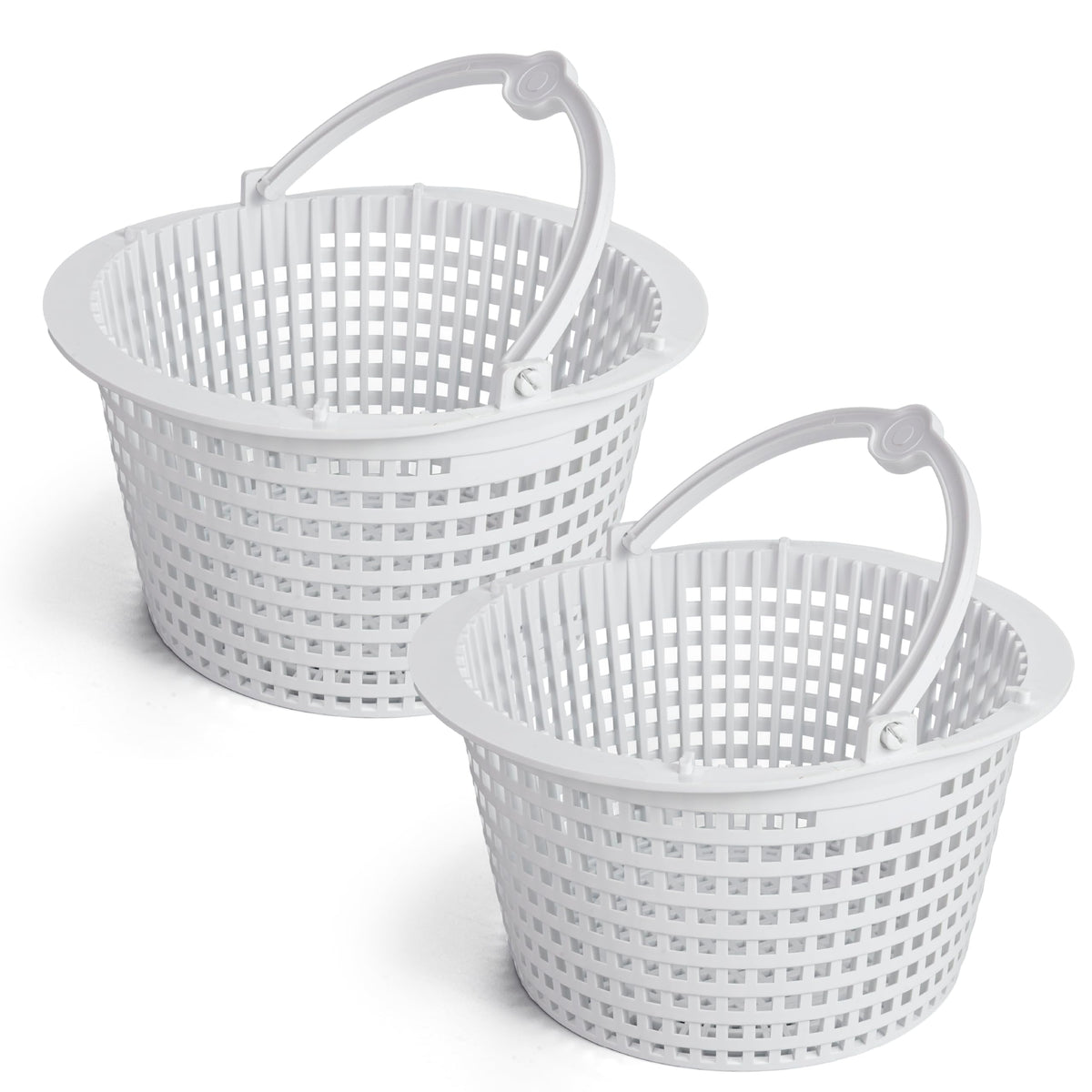 Two white SPX1091C replacement skimmer baskets with handles for Hayward and Pentair pool filters.