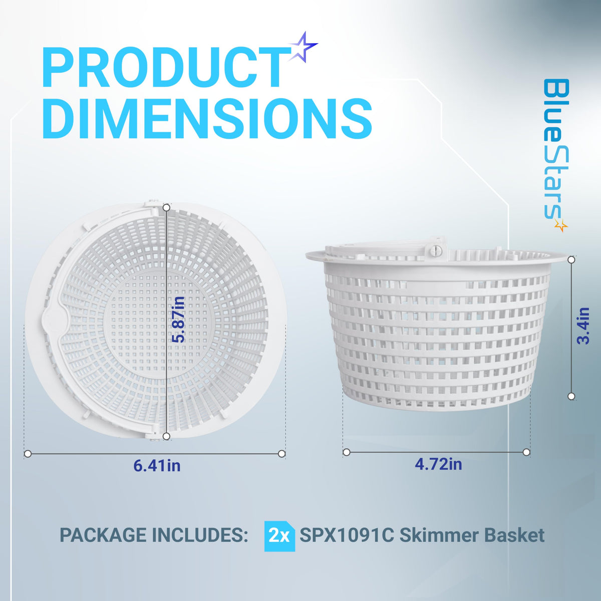 Dimension diagram of SPX1091C pool skimmer basket showing top and side views with measurements in inches.