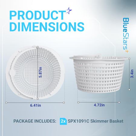 Dimension diagram of SPX1091C pool skimmer basket showing top and side views with measurements in inches.