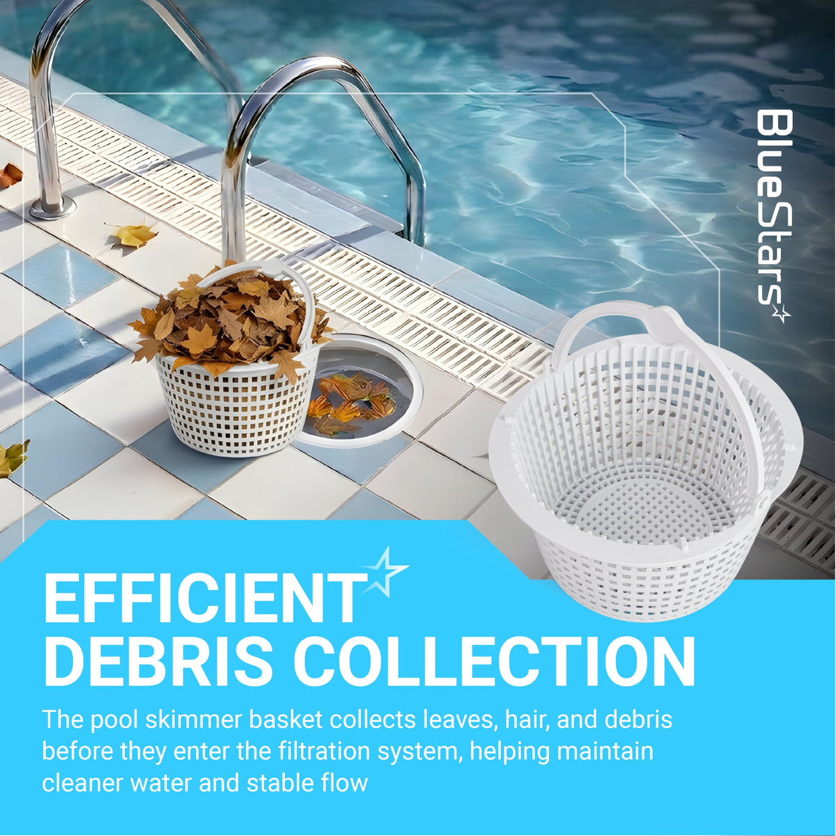 SPX1091C pool skimmer basket with handle for Hayward and Pentair skimmers shown in a lifestyle pool setting.