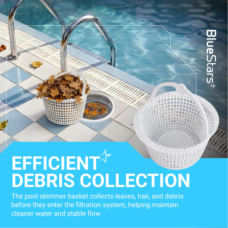 SPX1091C pool skimmer basket with handle for Hayward and Pentair skimmers shown in a lifestyle pool setting.