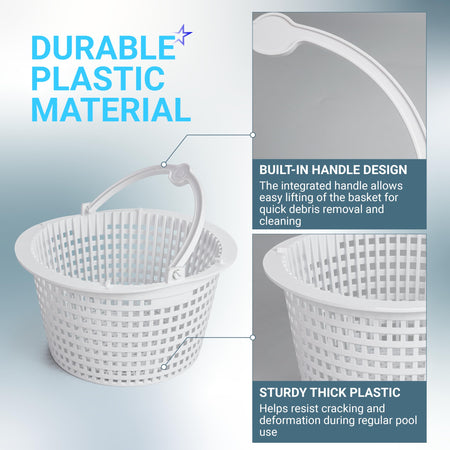 SPX1091C pool skimmer basket with durable plastic construction and integrated handle for easy debris removal.