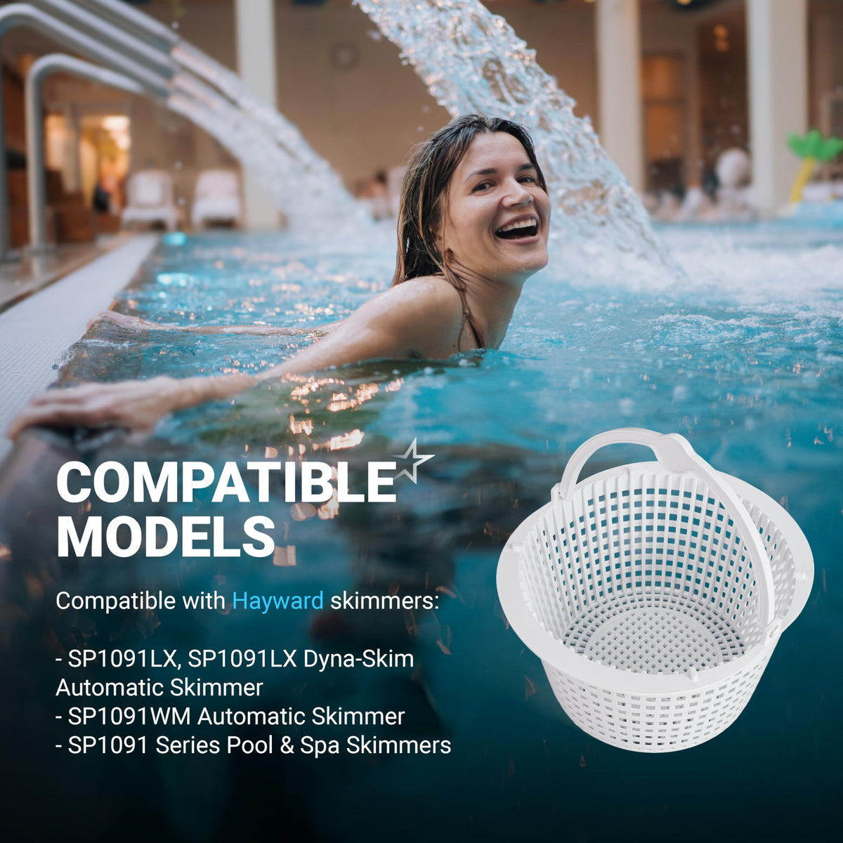 White SPX1091C replacement skimmer basket with handle for Hayward automatic pool skimmers.