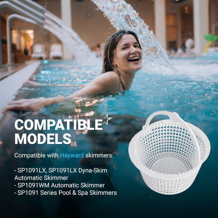 White SPX1091C replacement skimmer basket with handle for Hayward automatic pool skimmers.