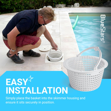 Man installing SPX1091C replacement skimmer basket with handle into a pool filter housing.