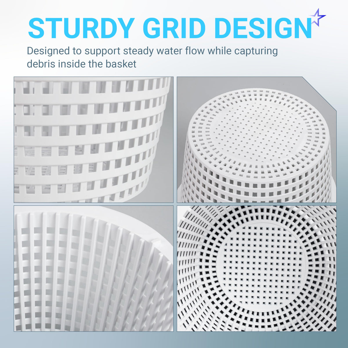 Close-up views of the SPX1091C skimmer basket showing the durable white grid design for efficient pool debris collection.