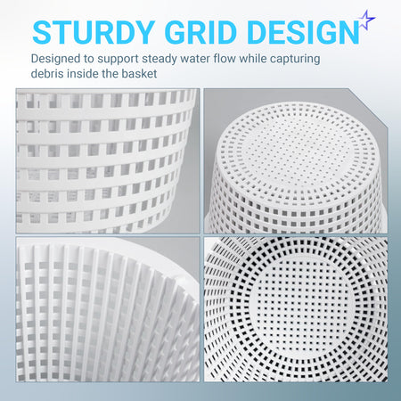 Close-up views of the SPX1091C skimmer basket showing the durable white grid design for efficient pool debris collection.