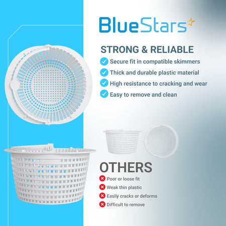 SPX1091C pool skimmer basket replacement with handle, showing top and side views with product durability features.
