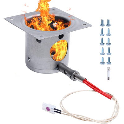 Stainless steel fire burn pot with attached hot rod ignitor, mounting screws, and fuse on a white background.