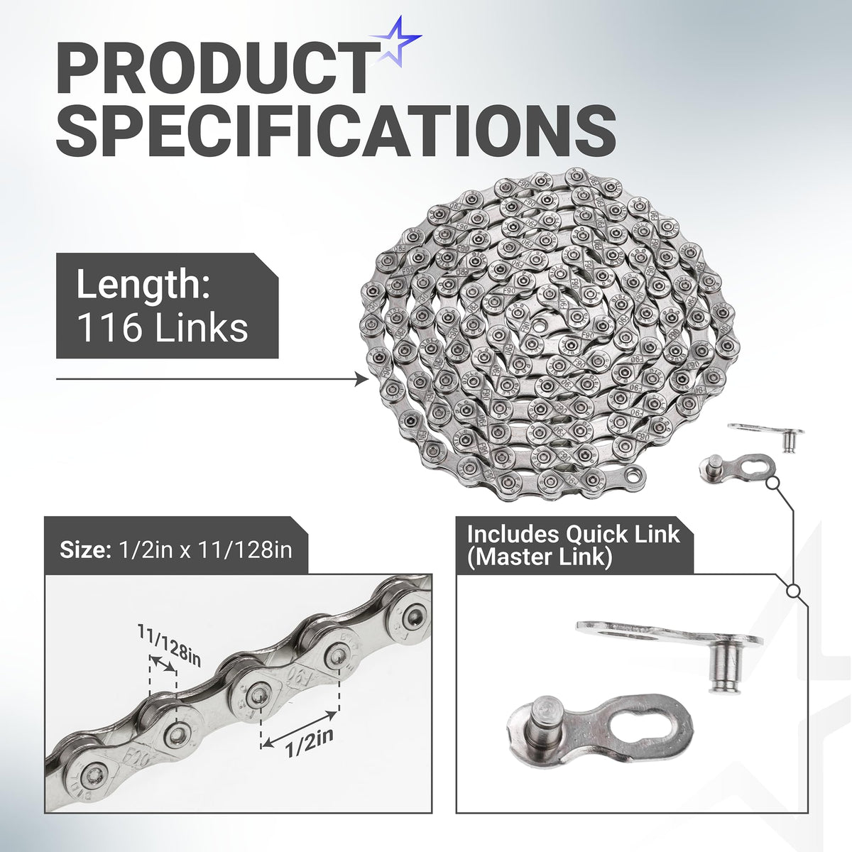 Infographic showing 9 speed bike chain specifications, 116 links, 1/2 x 11/128 inch dimensions, and included quick link.