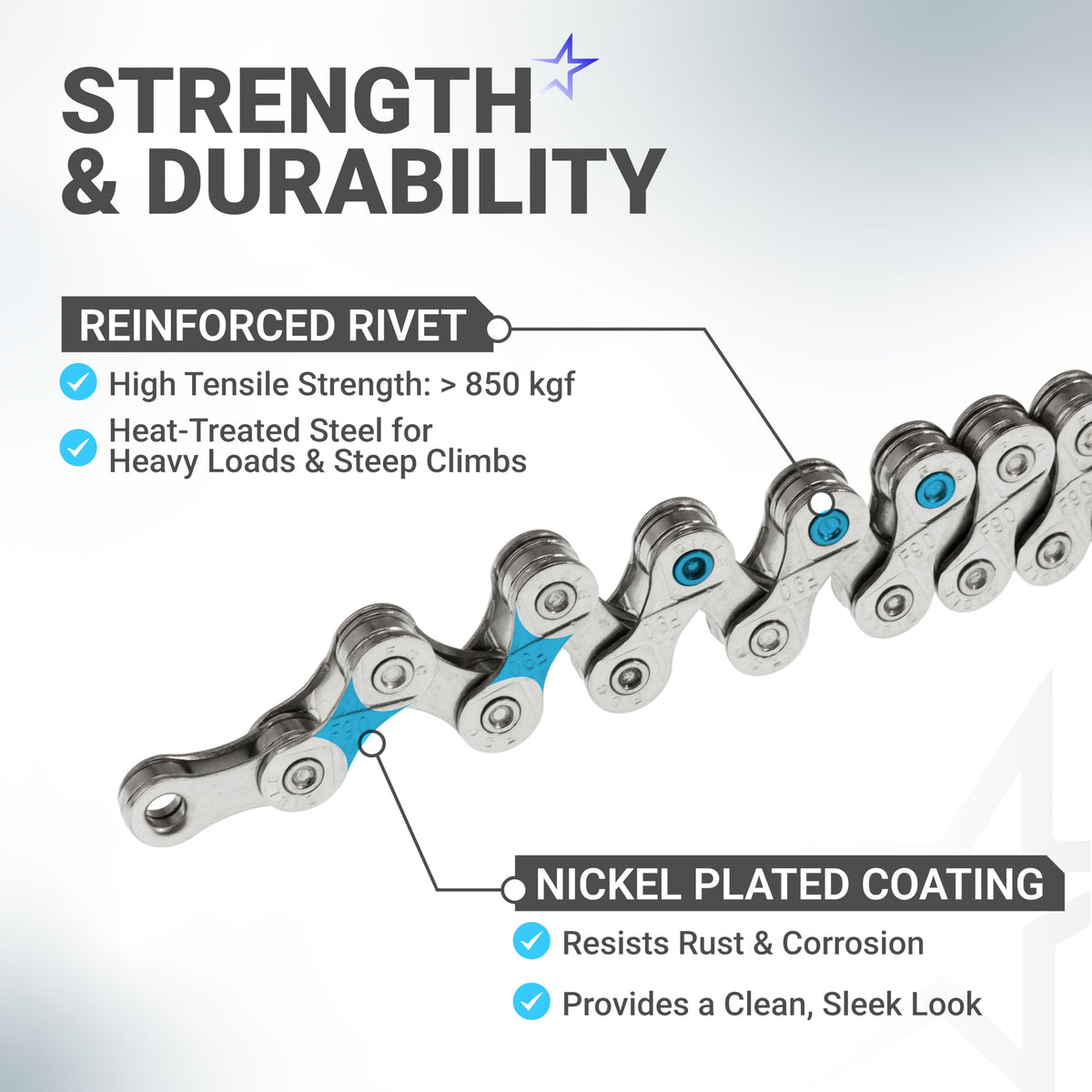 Close-up of 9-speed bike chain showing reinforced rivets and nickel-plated coating for strength and durability.