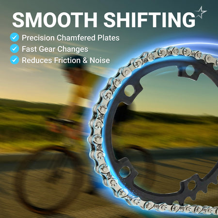 9 speed bike chain on a chainring showing smooth shifting features and reduced friction.