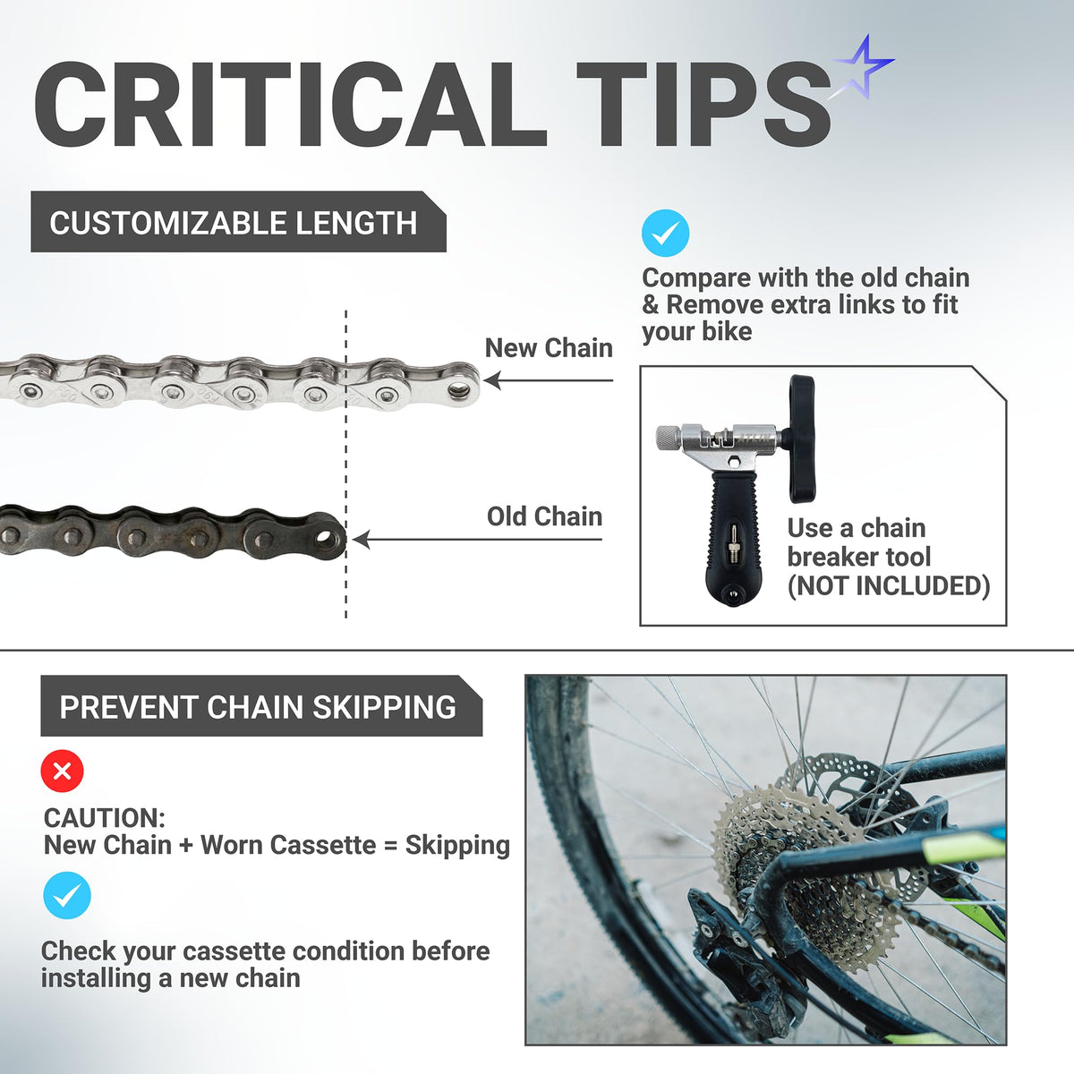 Infographic showing installation tips for 9 speed bike chain, including length adjustment and cassette compatibility.
