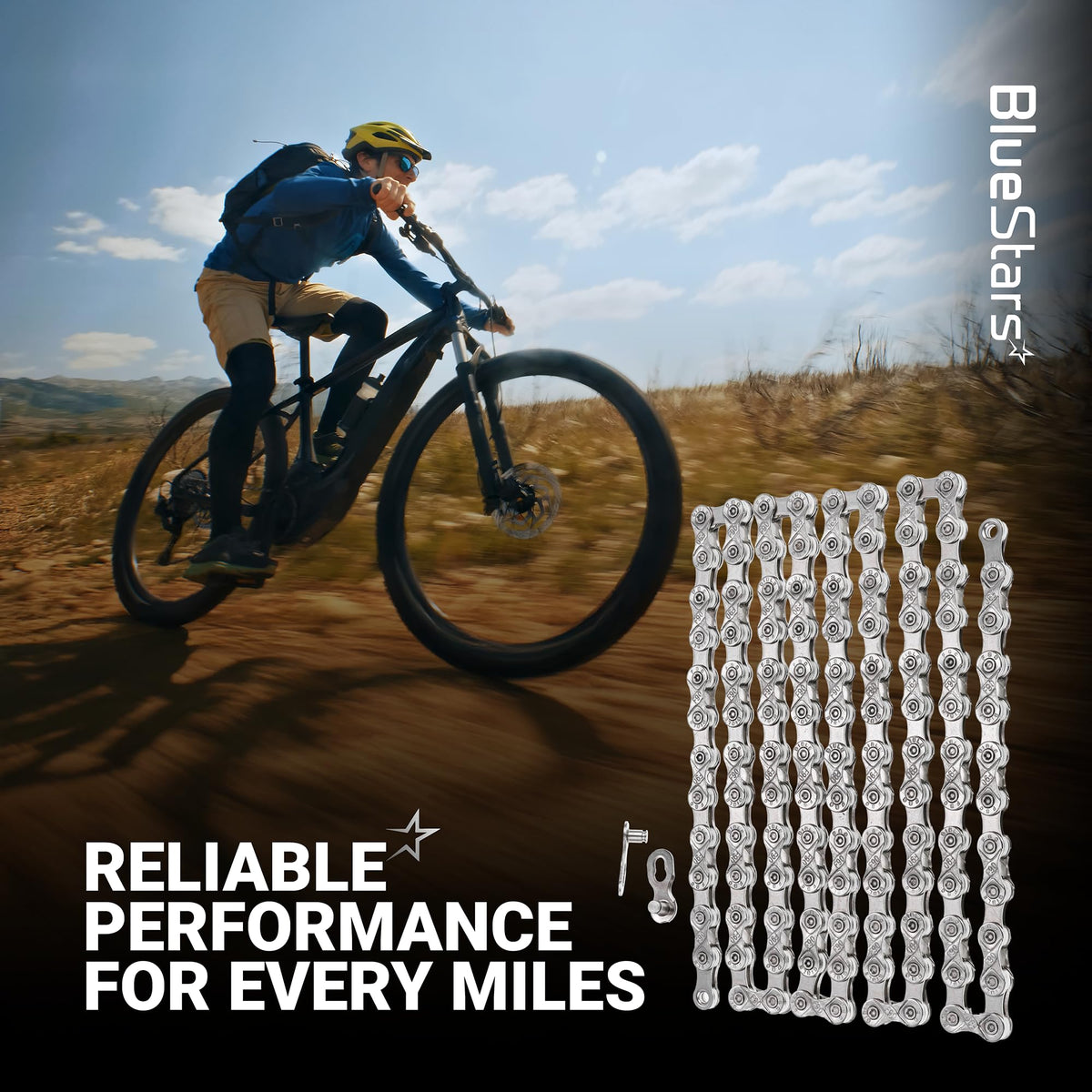 9 speed bike chain with quick link shown against a background of a cyclist riding on a dirt trail.