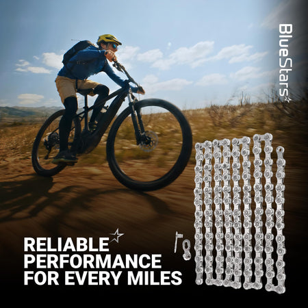 9 speed bike chain with quick link shown against a background of a cyclist riding on a dirt trail.