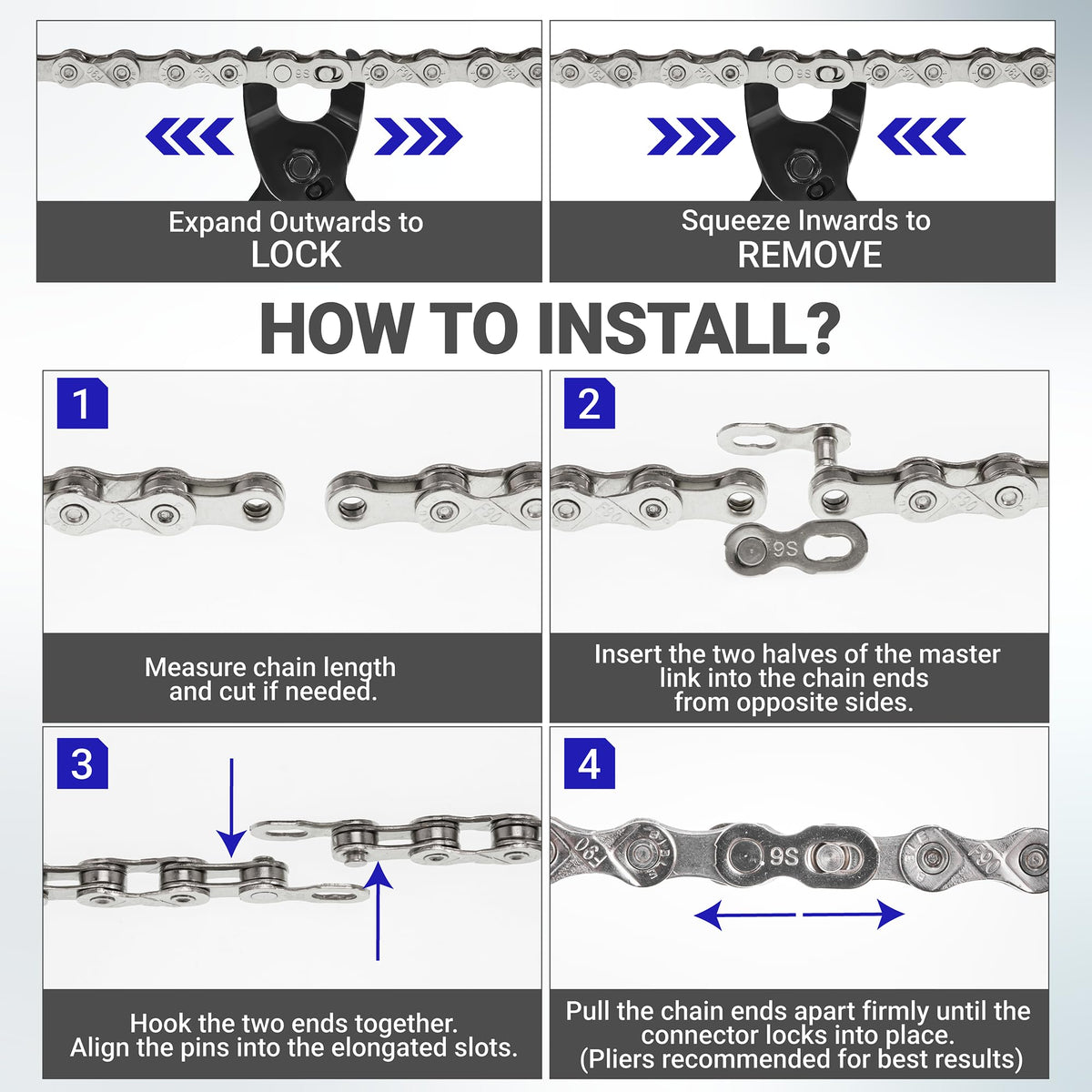 Instructional diagram showing how to install a 9 speed bike chain using a quick link connector.