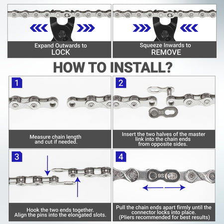 Instructional diagram showing how to install a 9 speed bike chain using a quick link connector.
