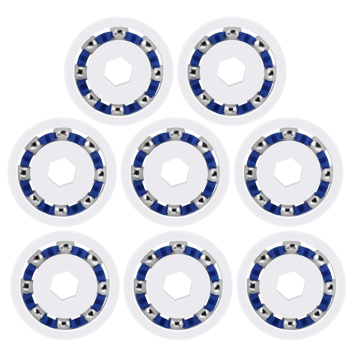 Pack of 8 replacement wheel ball bearings for Zodiac Polaris pool cleaners with white and blue circular design.
