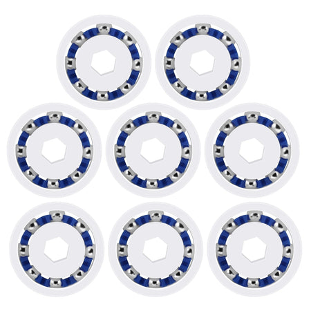 Pack of 8 replacement wheel ball bearings for Zodiac Polaris pool cleaners with white and blue circular design.