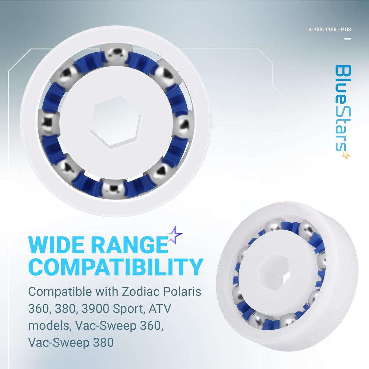 Close-up of 9-100-1108 pool cleaner wheel ball bearing replacement for Zodiac Polaris pressure cleaners.