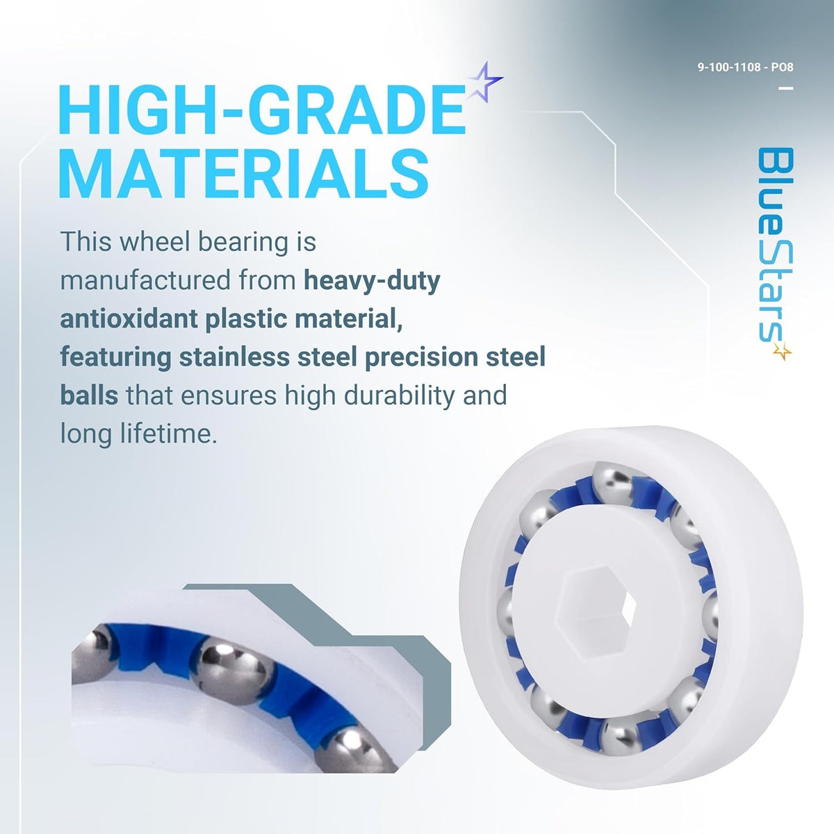 Close-up of 9-100-1108 pool cleaner wheel ball bearing with white plastic housing and stainless steel balls.