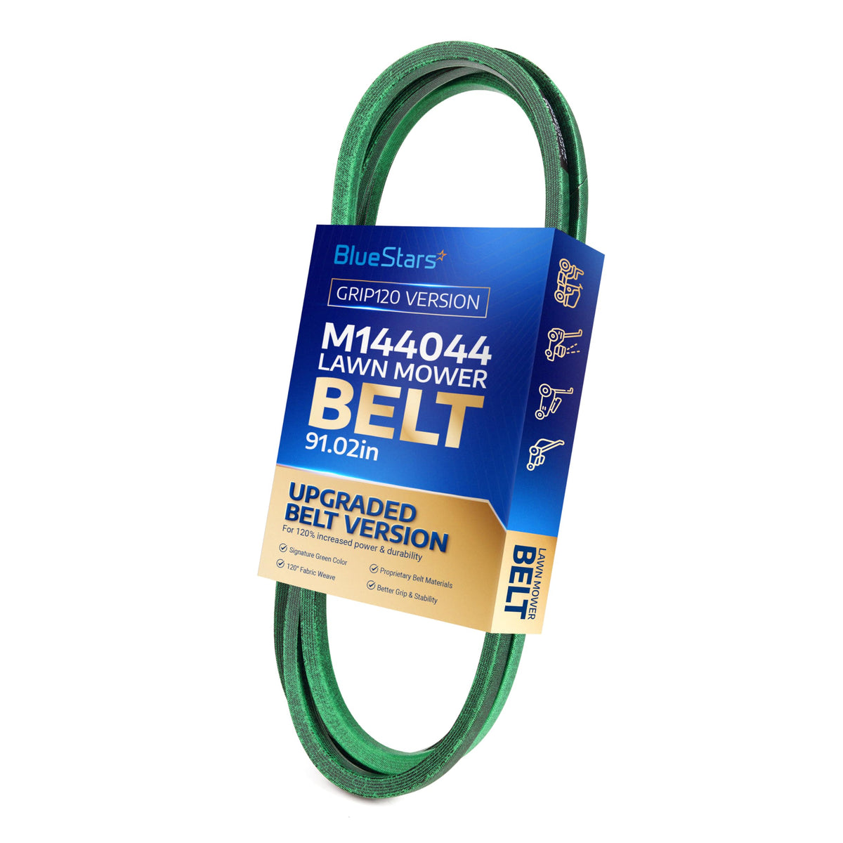 M144044 green lawn mower drive belt in branded BlueStars packaging for John Deere tractors.