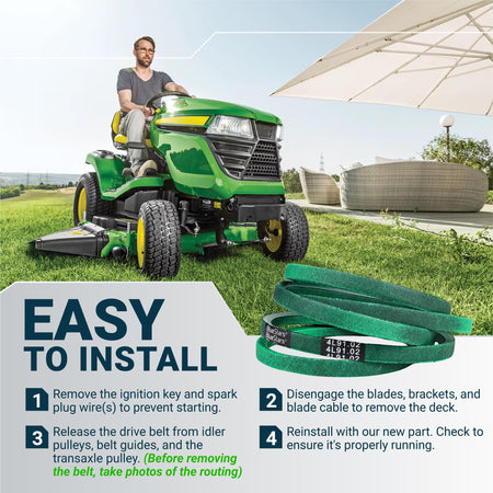 Replacement green drive belt for riding lawn mower with easy installation instructions graphic.
