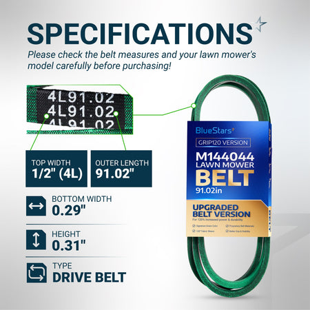BlueStars M144044 lawn mower drive belt specifications chart showing dimensions, top width, and outer length details.