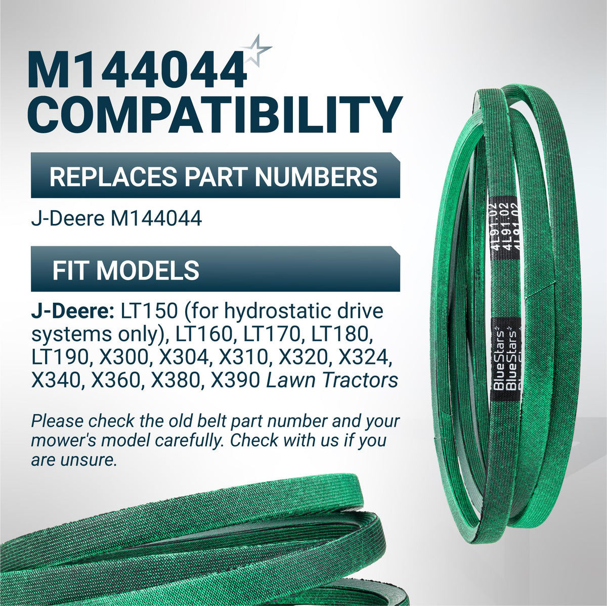 M144044 replacement drive belt for John Deere lawn tractors with compatibility chart and model list.