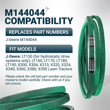 M144044 replacement drive belt for John Deere lawn tractors with compatibility chart and model list.